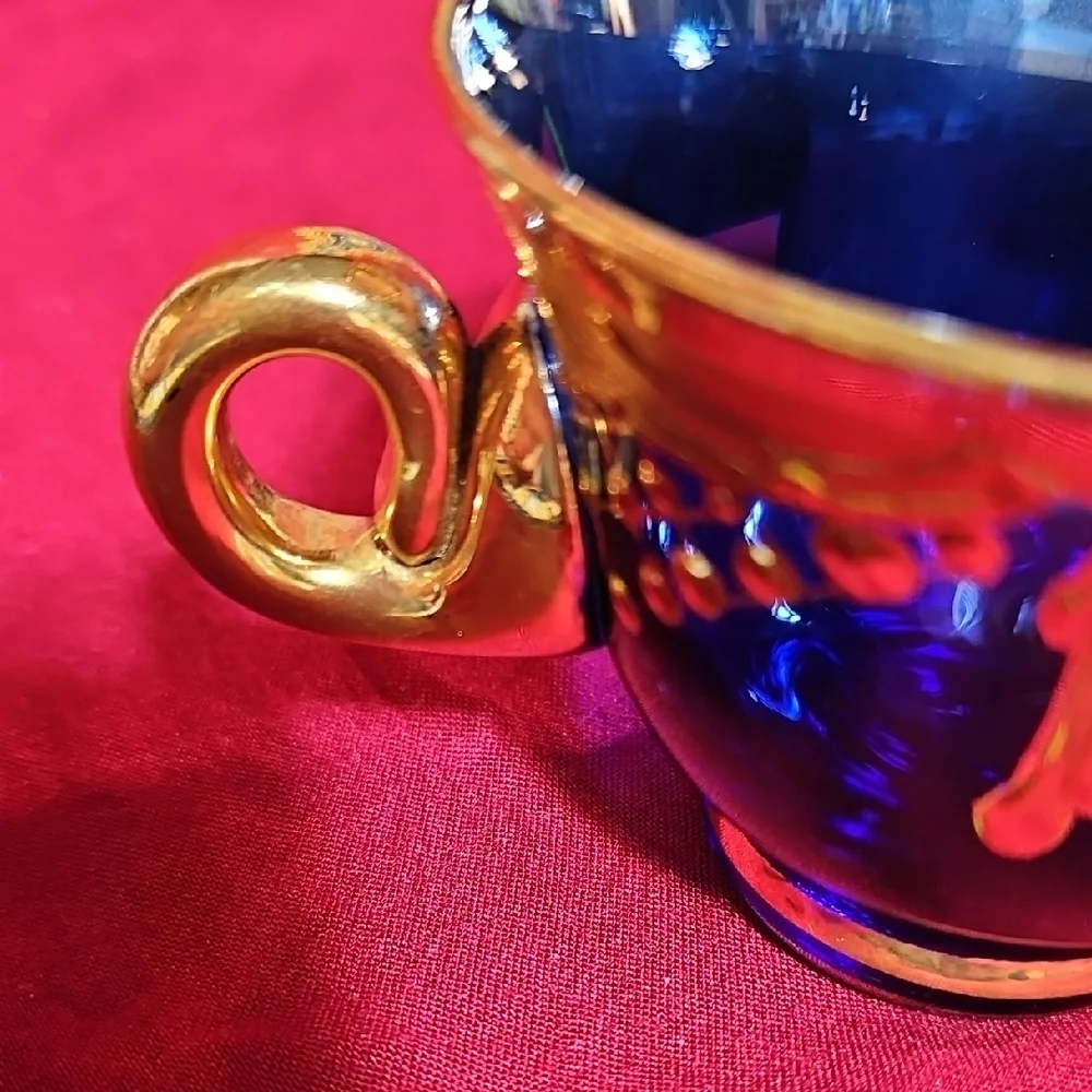Vintage Venetian Art Glass High Enamel Cobalt Blue Gold Tea Cup Saucer Set of 2